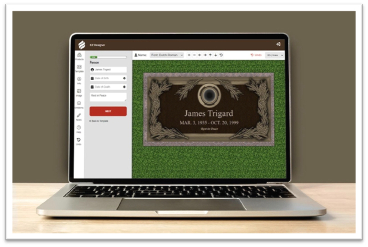 A laptop screen with the grave marker ordering site on the screen