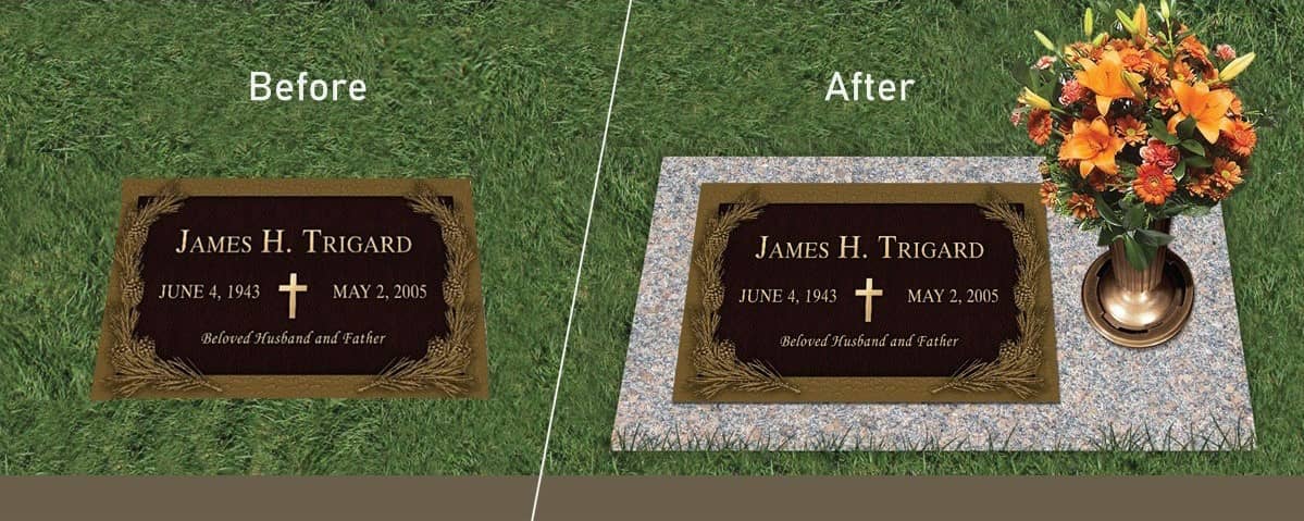 An example of enhancements to a grave marker of a granite base and flowers