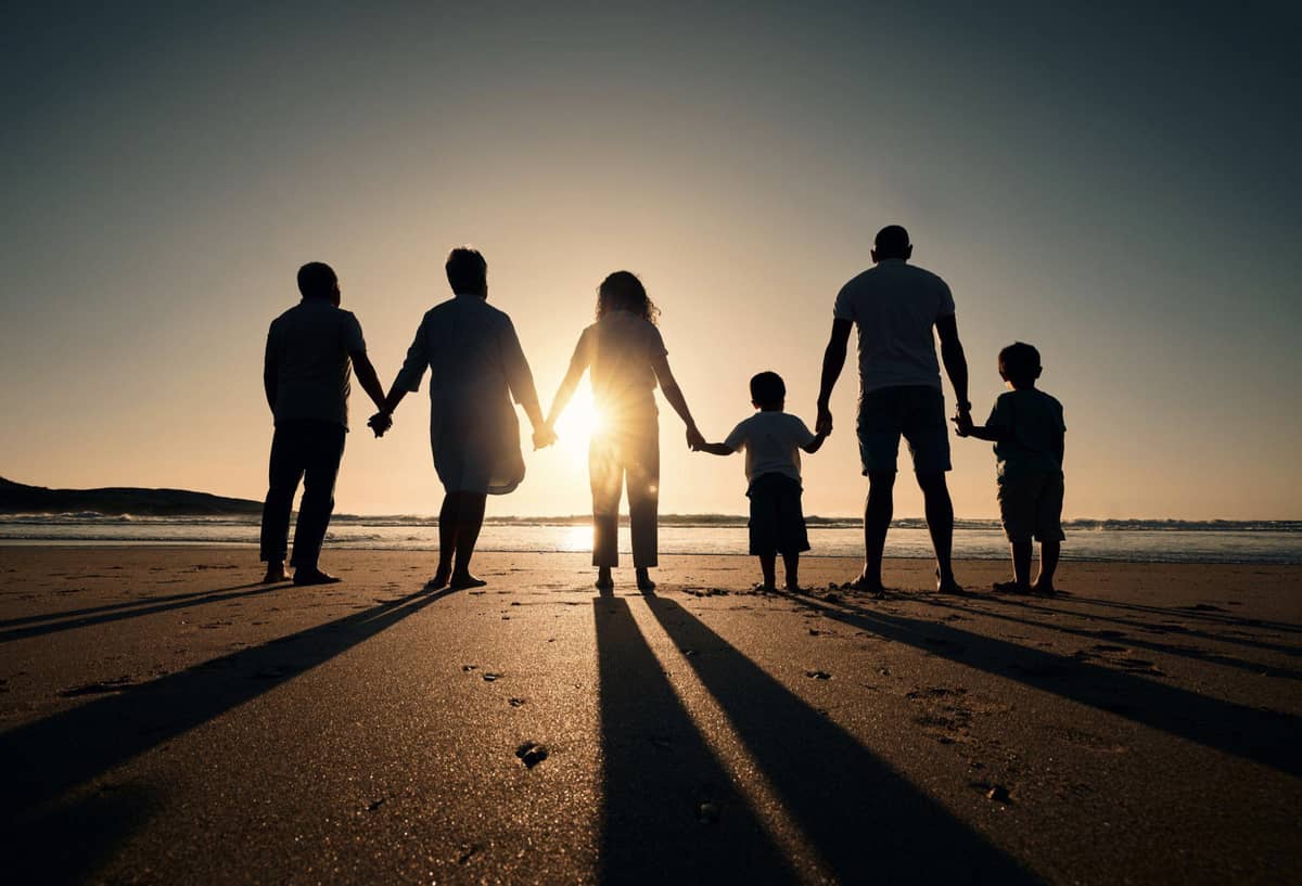 A family standing on a beach in the sun (you can only see their outlines)