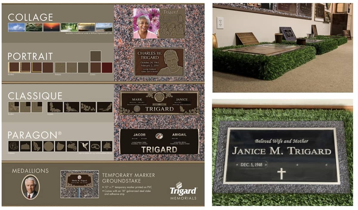 3 images: 1 has the different grave marker options, 2 has a grave marker show room, and 3 has a grave marker finished